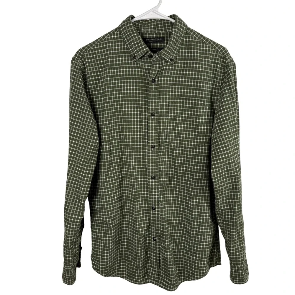 Banana Republic Luxe Flannel Shirt M Green Slim Fit Plaid 100% Cotton Gorpcore